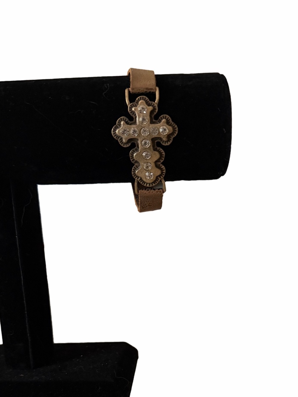 Sheng Tong Crystal Cross Leather Wrap Bracelet | Brown Gold Tone | Western Boho
